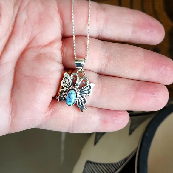 Beautiful Native AmericanGolden Hills Turquoise Butterfly Pendant & Chain
